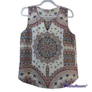 Verse Jory Split Neck White Mandala Patterned Sleeveless Top Blouse Size M